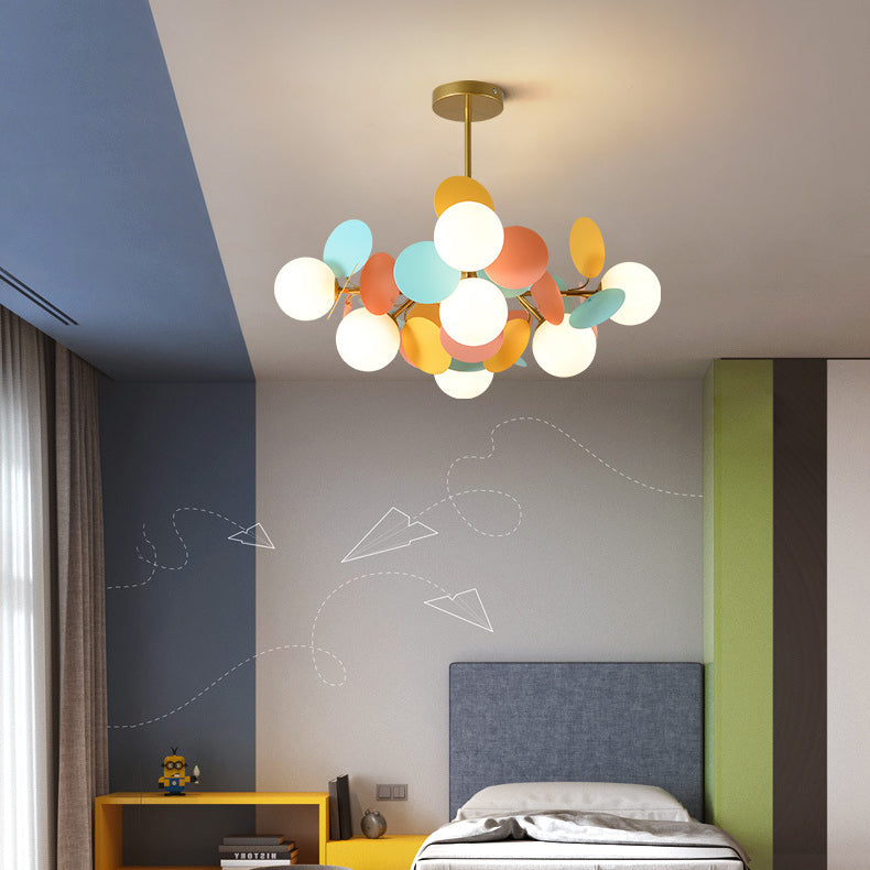 Contemporary Nordic Metal Acrylic Colorful Flower Branch Round Glass Ball 5/6/8/10/12/15 Light Chandelier for Living Room