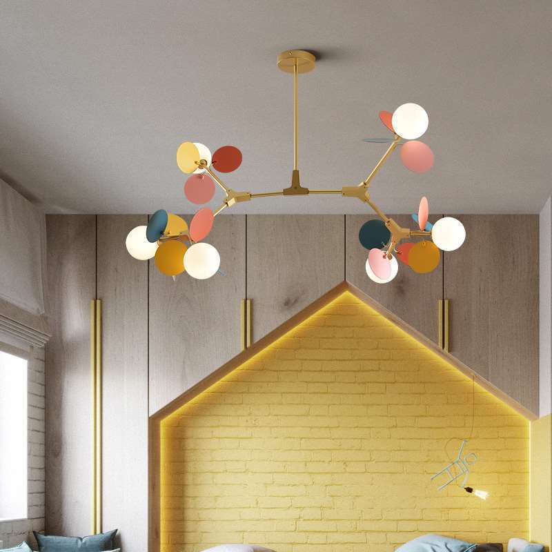 Contemporary Nordic Metal Acrylic Colorful Flower Branch Round Glass Ball 5/6/8/10/12/15 Light Chandelier for Living Room