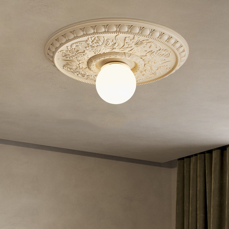 Traditional French Handmade Round Relief Resin Glass 1-Light Flush Mount Ceiling Light For Hallway Lumendat