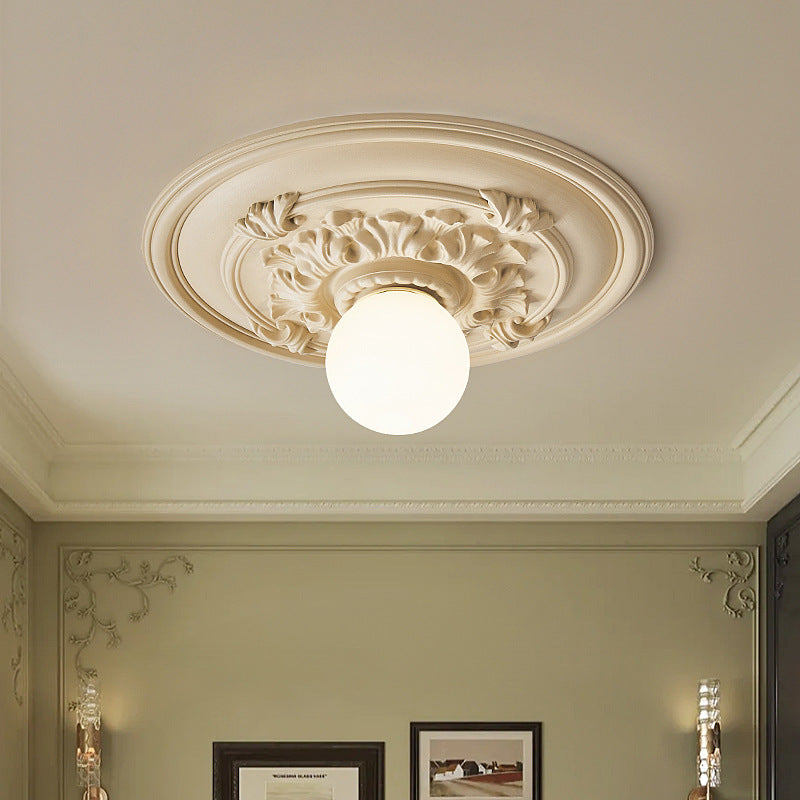 Traditional French Handmade Round Relief Resin Glass 1-Light Flush Mount Ceiling Light For Hallway Lumendat