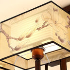Traditional Chinese Rectangle Tassel Magnolia Iron Fabric 4/6/8-Light Semi-Flush Mount Ceiling Light For Bedroom