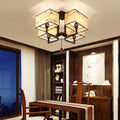 Traditional Chinese Rectangle Tassel Magnolia Iron Fabric 4/6/8-Light Semi-Flush Mount Ceiling Light For Bedroom