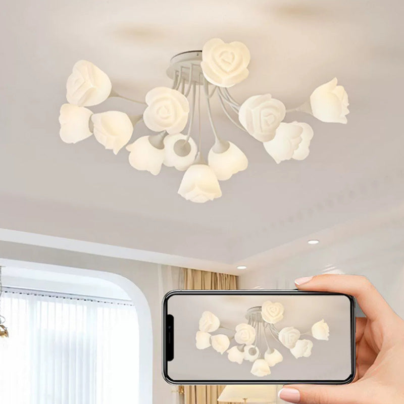 Contemporary Nordic Romantic Rose Shade Iron Resin 7/11/13-light Semi-flush Mount Ceiling Light for Living Room