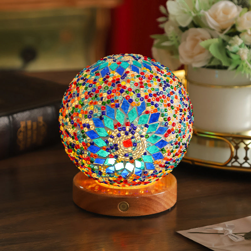 Contemporary Creative Bohemian Wood Base Colorful Glass Ball Decorative USB LED Table Lamp For Bedroom Lumendat