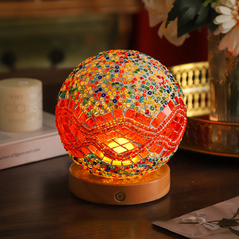Contemporary Creative Bohemian Wood Base Colorful Glass Ball Decorative USB LED Table Lamp For Bedroom Lumendat