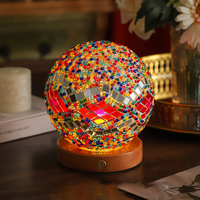 Contemporary Creative Bohemian Wood Base Colorful Glass Ball Decorative USB LED Table Lamp For Bedroom Lumendat