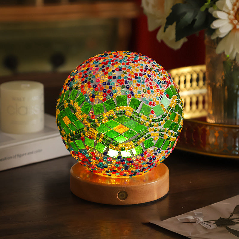 Contemporary Creative Bohemian Wood Base Colorful Glass Ball Decorative USB LED Table Lamp For Bedroom Lumendat