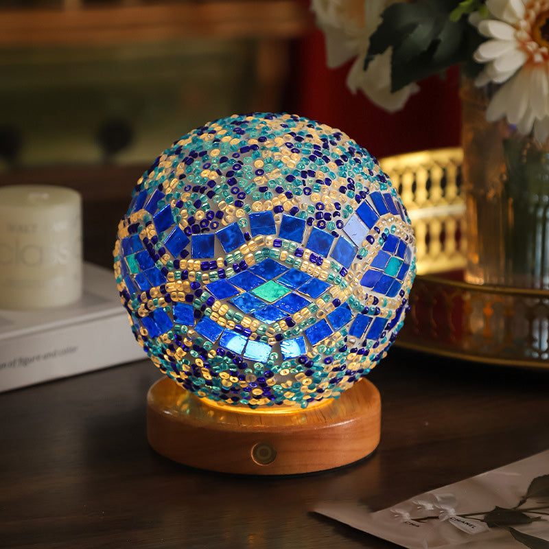 Contemporary Creative Bohemian Wood Base Colorful Glass Ball Decorative USB LED Table Lamp For Bedroom Lumendat