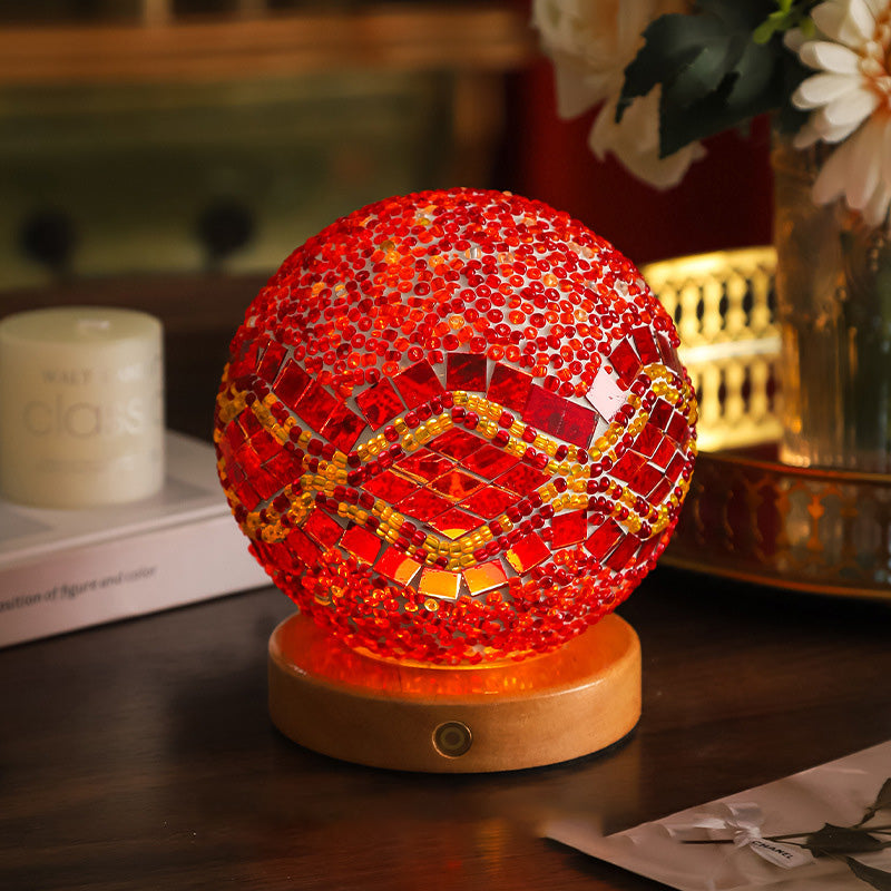 Contemporary Creative Bohemian Wood Base Colorful Glass Ball Decorative USB LED Table Lamp For Bedroom Lumendat