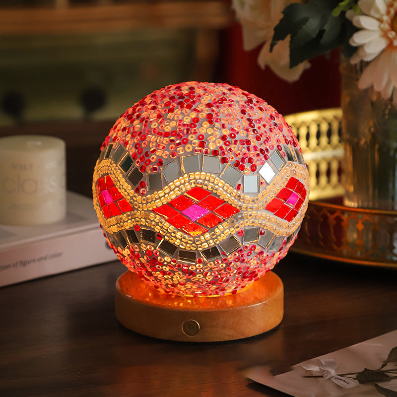 Contemporary Creative Bohemian Wood Base Colorful Glass Ball Decorative USB LED Table Lamp For Bedroom Lumendat