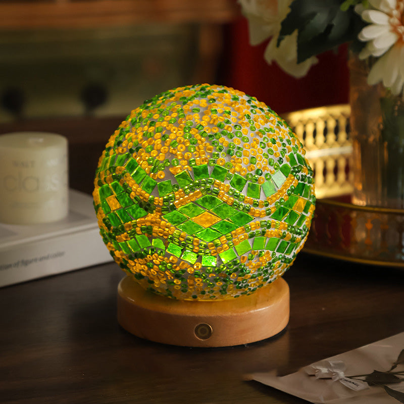 Contemporary Creative Bohemian Wood Base Colorful Glass Ball Decorative USB LED Table Lamp For Bedroom Lumendat