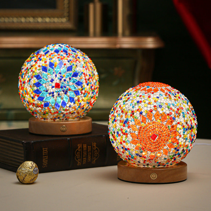 Contemporary Creative Bohemian Wood Base Colorful Glass Ball Decorative USB LED Table Lamp For Bedroom Lumendat