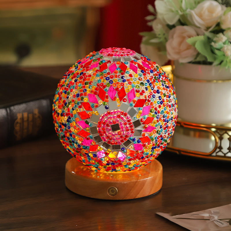 Contemporary Creative Bohemian Wood Base Colorful Glass Ball Decorative USB LED Table Lamp For Bedroom Lumendat
