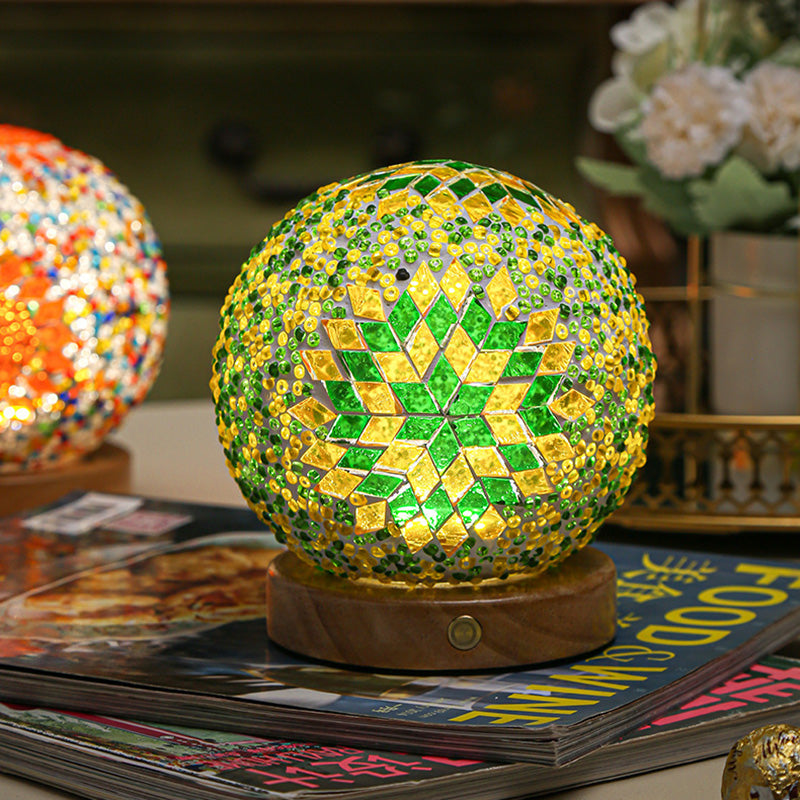 Contemporary Creative Bohemian Wood Base Colorful Glass Ball Decorative USB LED Table Lamp For Bedroom Lumendat