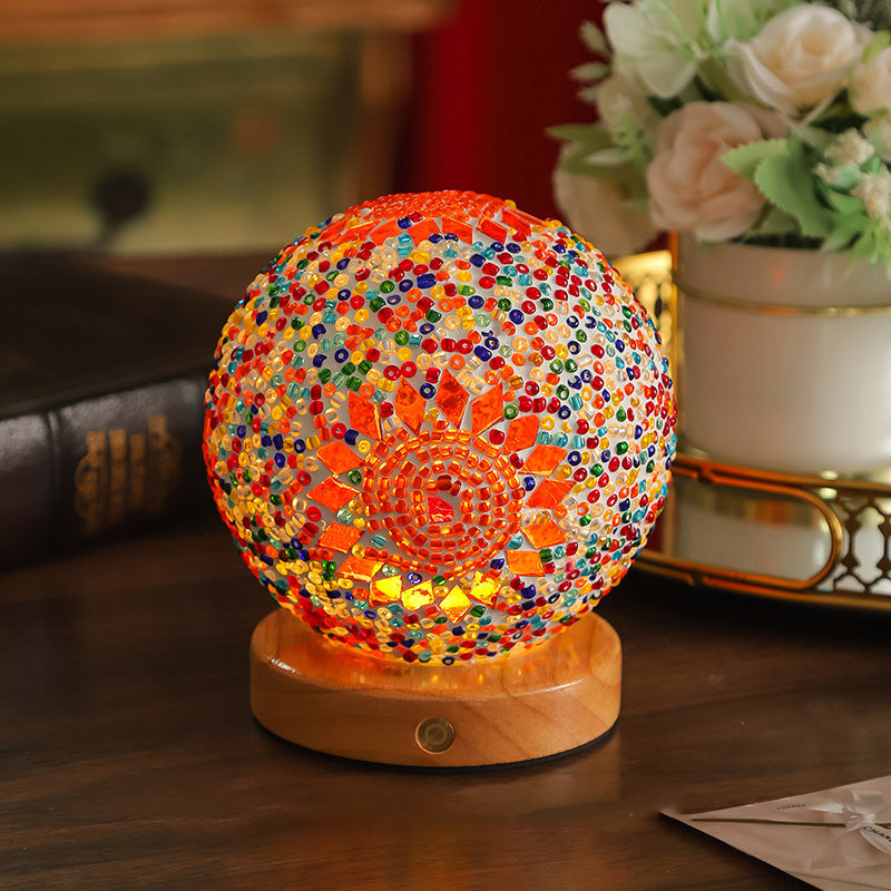 Contemporary Creative Bohemian Wood Base Colorful Glass Ball Decorative USB LED Table Lamp For Bedroom Lumendat