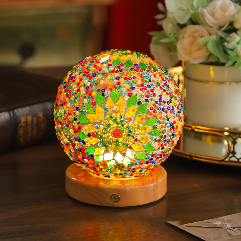 Contemporary Creative Bohemian Wood Base Colorful Glass Ball Decorative USB LED Table Lamp For Bedroom Lumendat