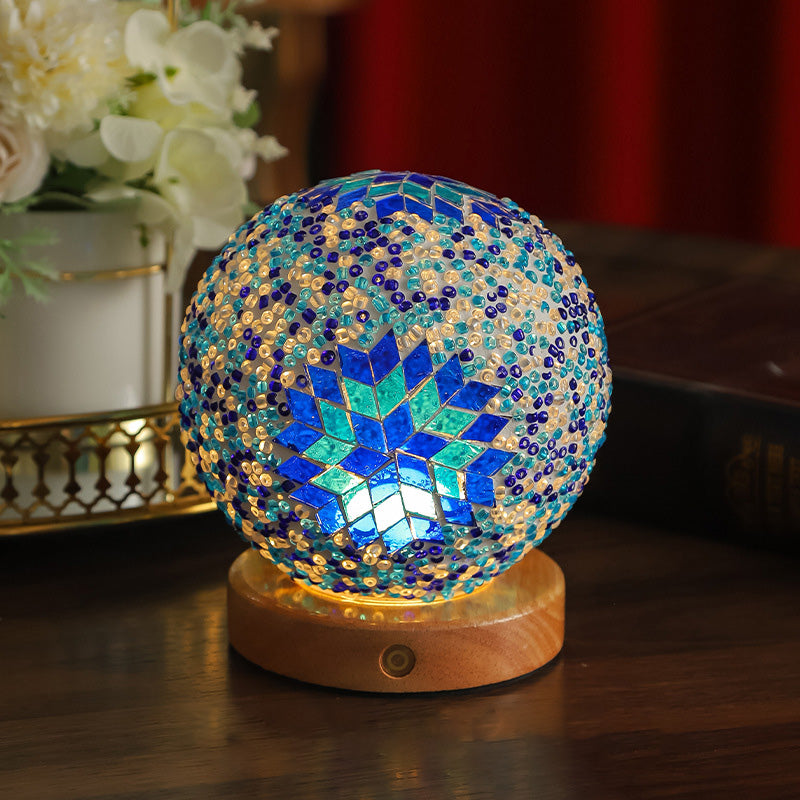 Contemporary Creative Bohemian Wood Base Colorful Glass Ball Decorative USB LED Table Lamp For Bedroom Lumendat