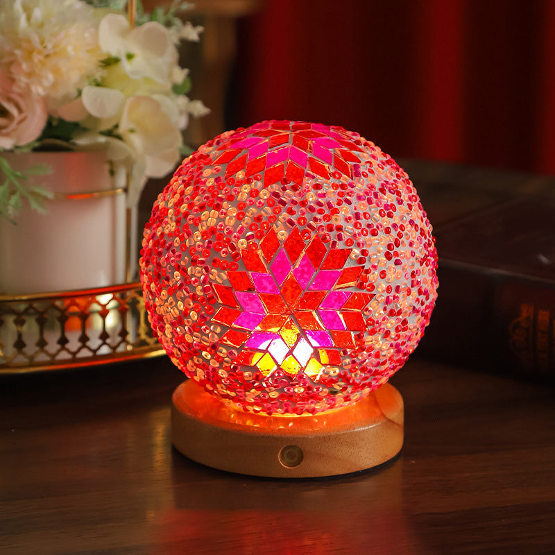 Contemporary Creative Bohemian Wood Base Colorful Glass Ball Decorative USB LED Table Lamp For Bedroom Lumendat
