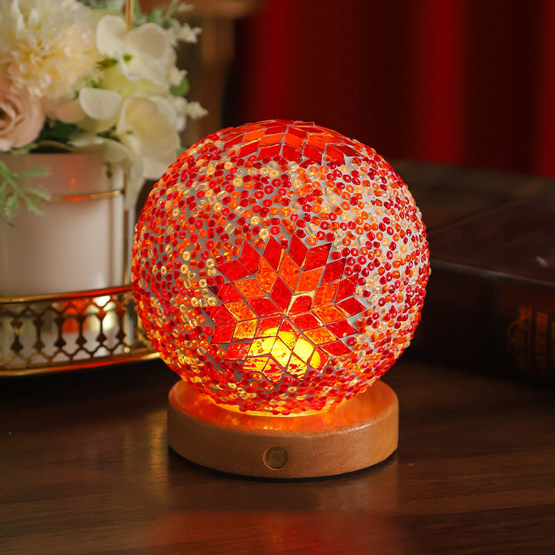 Contemporary Creative Bohemian Wood Base Colorful Glass Ball Decorative USB LED Table Lamp For Bedroom Lumendat