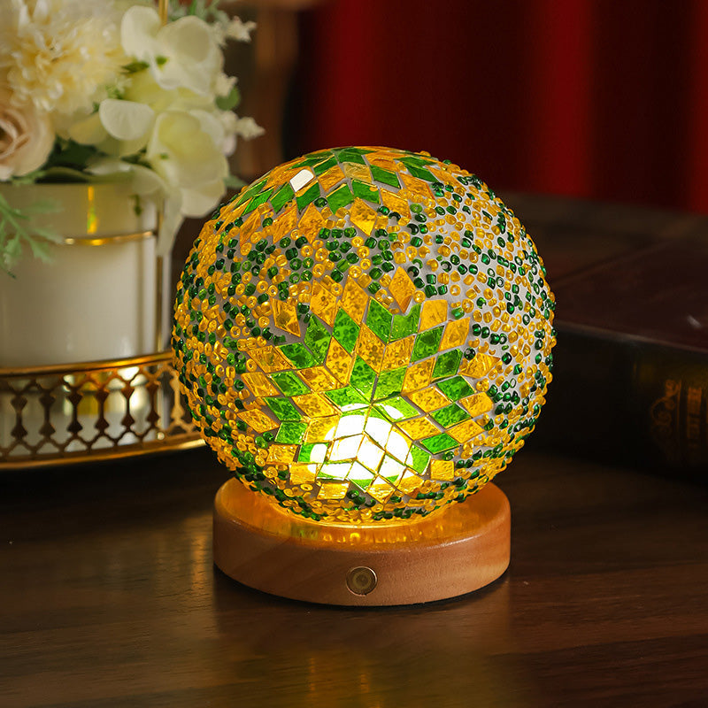 Contemporary Creative Bohemian Wood Base Colorful Glass Ball Decorative USB LED Table Lamp For Bedroom Lumendat