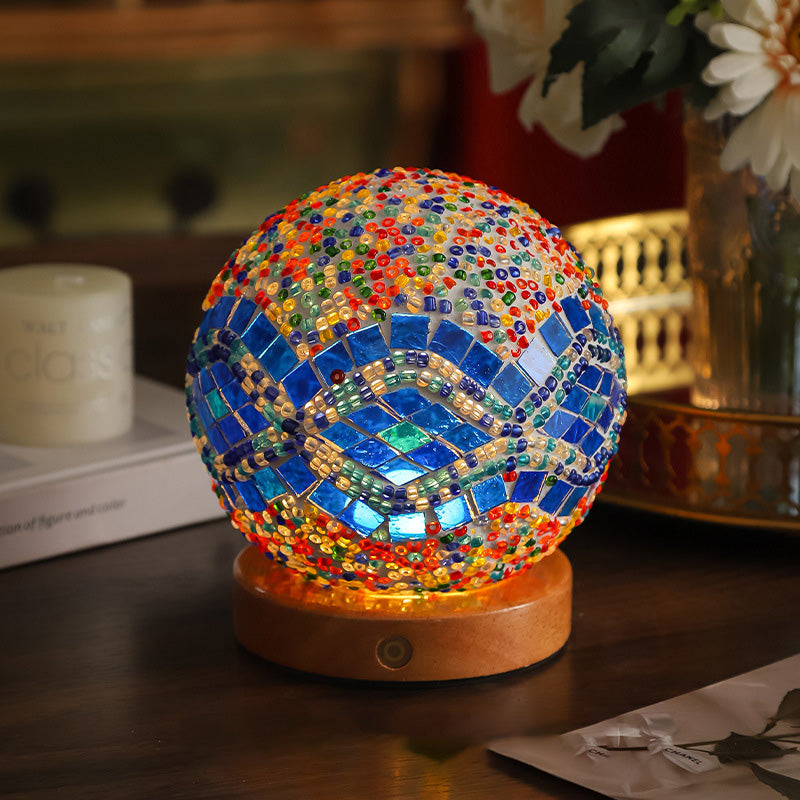 Contemporary Creative Bohemian Wood Base Colorful Glass Ball Decorative USB LED Table Lamp For Bedroom Lumendat
