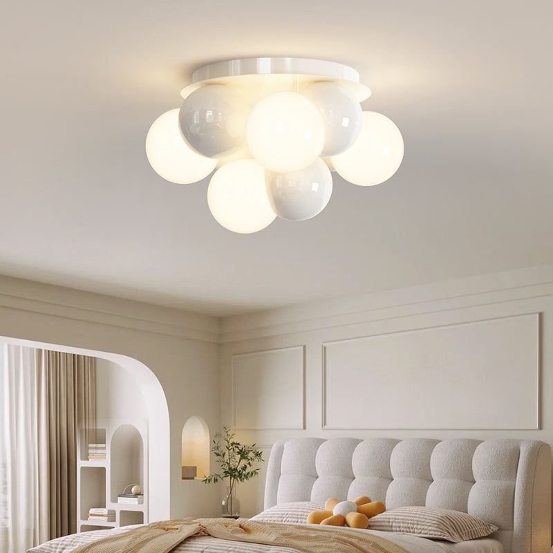 Contemporary Nordic Kids Iron Glass Ball Round Base 5-Light Semi-Flush Mount Ceiling Light For Bedroom