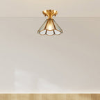 Modern Luxury Flower Cone Frosted Diamond Glass Brass Finish Frame 1/3-Light Semi-Flush Mount Ceiling Light For Living Room