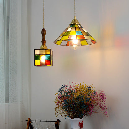 Traditional Tiffany Puzzle Cube Tapered Colorful Stained Glass Brass 1-light Pendant Light for Living Room
