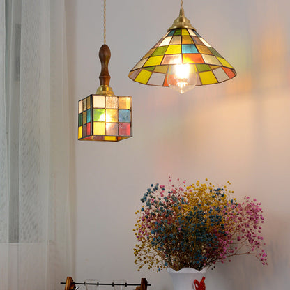 Traditional Tiffany Puzzle Cube Tapered Colorful Stained Glass Brass 1-light Pendant Light for Living Room