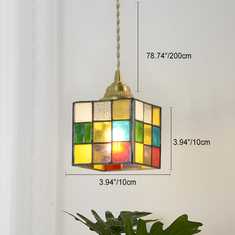 Traditional Tiffany Puzzle Cube Tapered Colorful Stained Glass Brass 1-light Pendant Light for Living Room