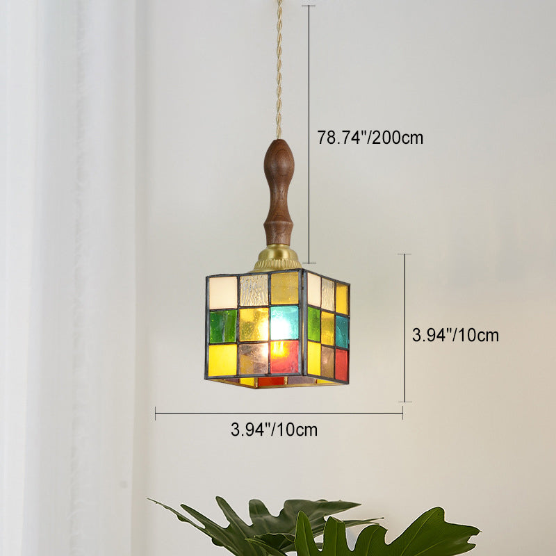 Traditional Tiffany Puzzle Cube Tapered Colorful Stained Glass Brass 1-light Pendant Light for Living Room