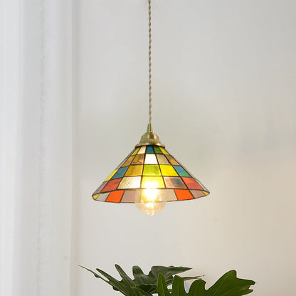 Traditional Tiffany Puzzle Cube Tapered Colorful Stained Glass Brass 1-light Pendant Light for Living Room