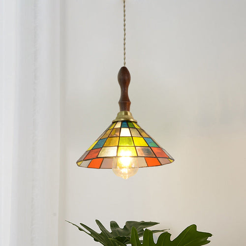 Traditional Tiffany Puzzle Cube Tapered Colorful Stained Glass Brass 1-light Pendant Light for Living Room
