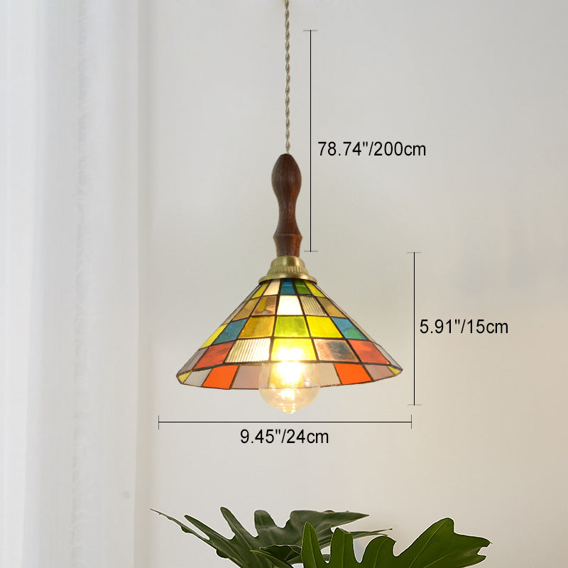 Traditional Tiffany Puzzle Cube Tapered Colorful Stained Glass Brass 1-light Pendant Light for Living Room