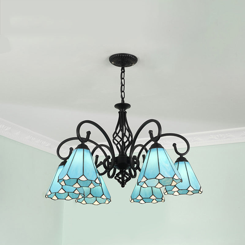 Traditional Tiffany Conical Stained Glass Iron Metal 3/5/6/8-light Chandelier for Living Room