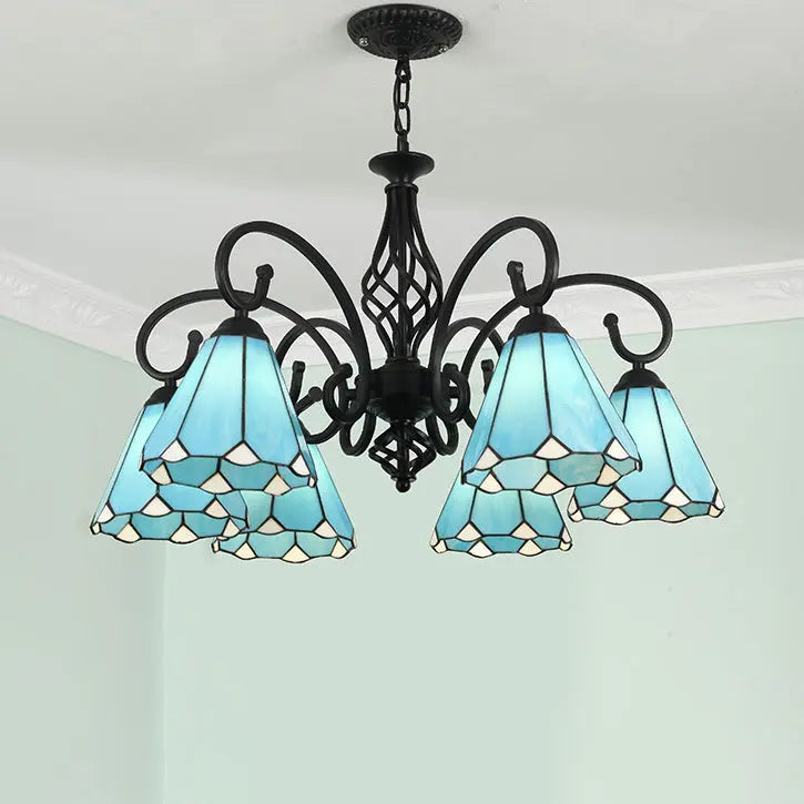 Traditional Tiffany Conical Stained Glass Iron Metal 3/5/6/8-light Chandelier for Living Room Lumendat