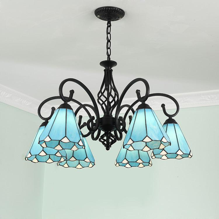 Traditional Tiffany Conical Stained Glass Iron Metal 3/5/6/8-light Chandelier for Living Room