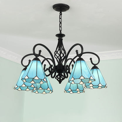Traditional Tiffany Conical Stained Glass Iron Metal 3/5/6/8-light Chandelier for Living Room