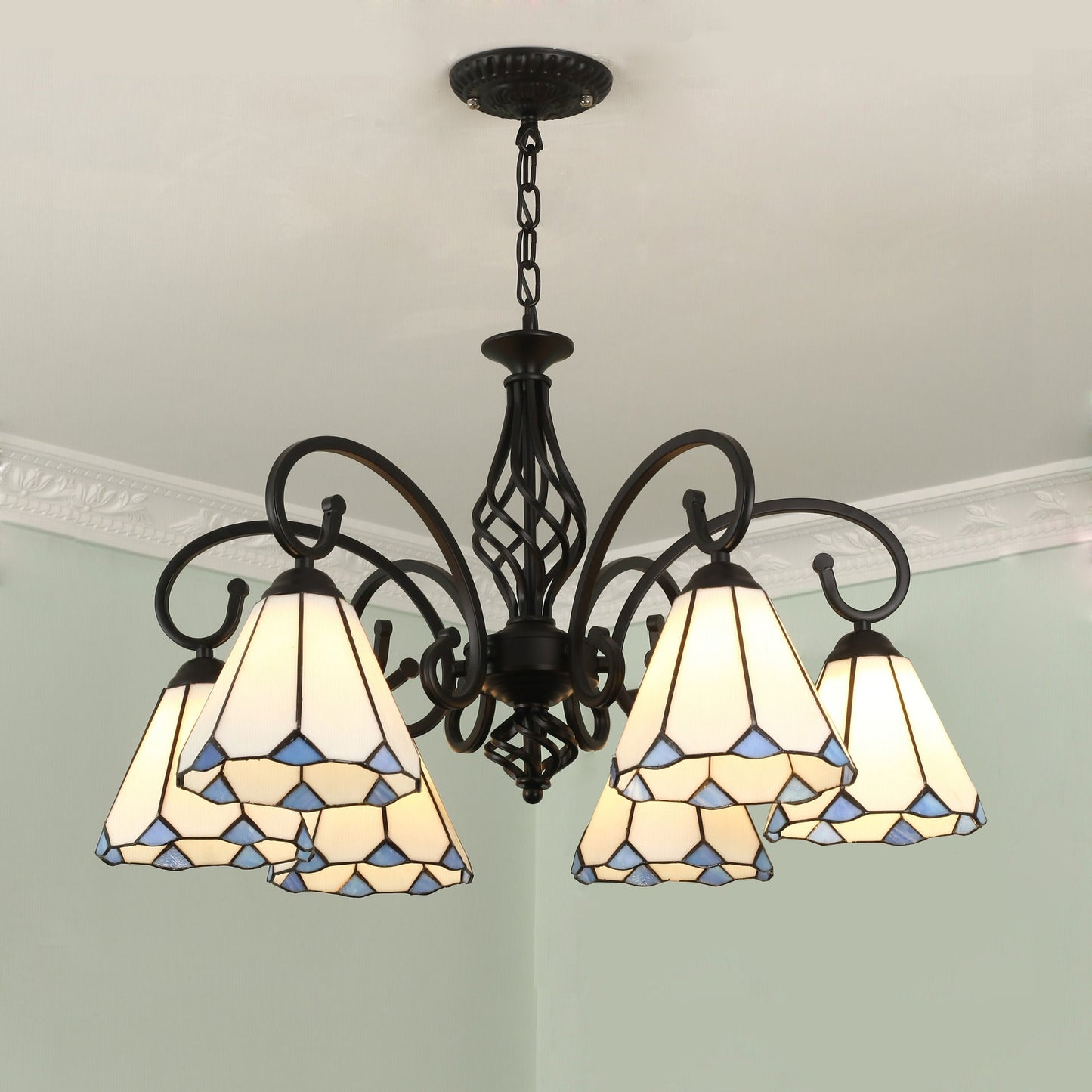 Traditional Tiffany Conical Stained Glass Iron Metal 3/5/6/8-light Chandelier for Living Room