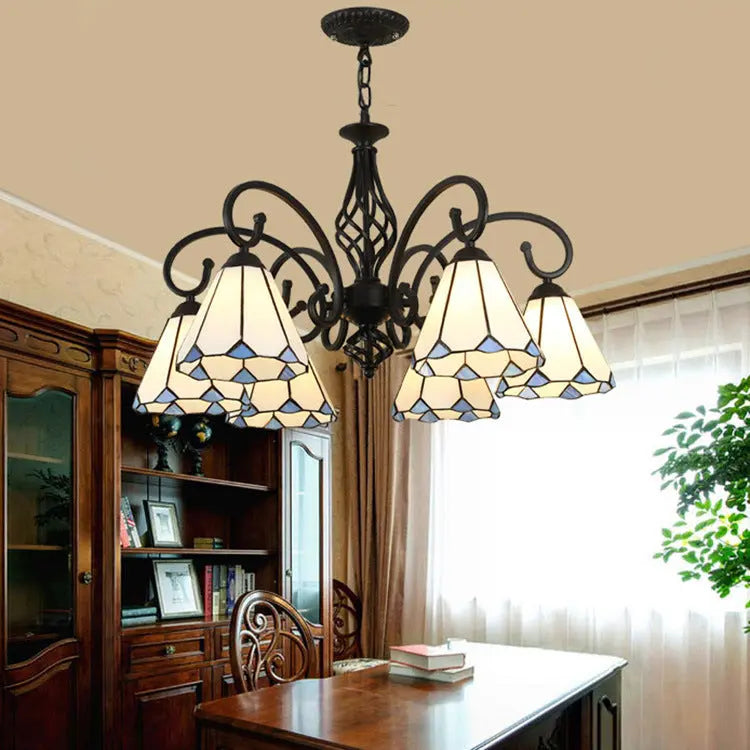 Traditional Tiffany Conical Stained Glass Iron Metal 3/5/6/8-light Chandelier for Living Room Lumendat