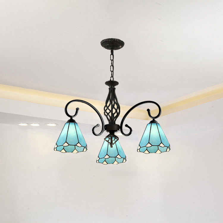 Traditional Tiffany Conical Stained Glass Iron Metal 3/5/6/8-light Chandelier for Living Room