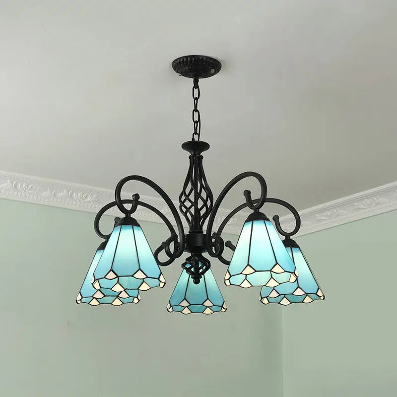 Traditional Tiffany Conical Stained Glass Iron Metal 3/5/6/8-light Chandelier for Living Room Lumendat