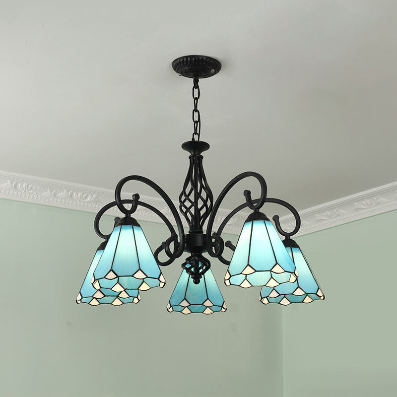 Traditional Tiffany Conical Stained Glass Iron Metal 3/5/6/8-light Chandelier for Living Room