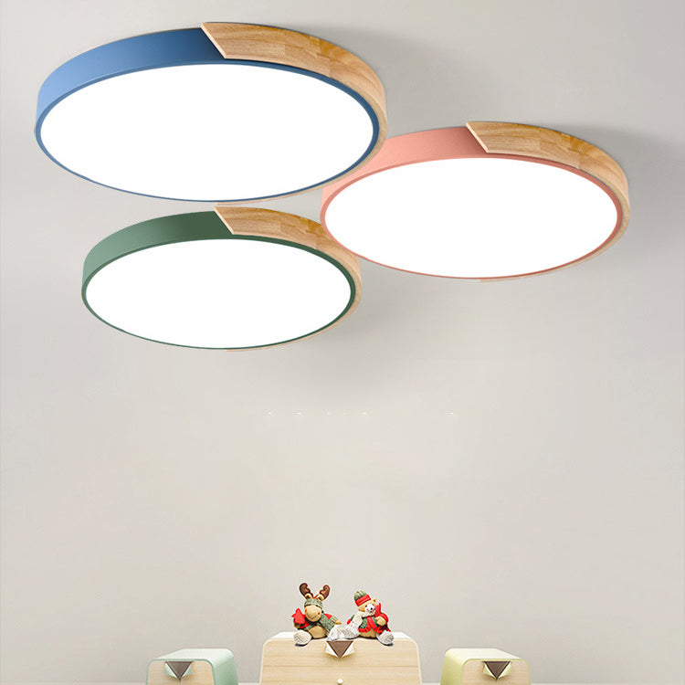 Modern Minimalist Round Macaron Iron Wood Acrylic LED Flush Mount Ceiling Light For Living Room Lumendat