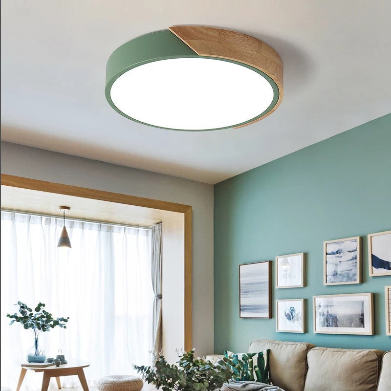 Modern Minimalist Round Macaron Iron Wood Acrylic LED Flush Mount Ceiling Light For Living Room Lumendat