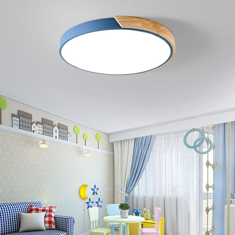 Modern Minimalist Round Macaron Iron Wood Acrylic LED Flush Mount Ceiling Light For Living Room Lumendat
