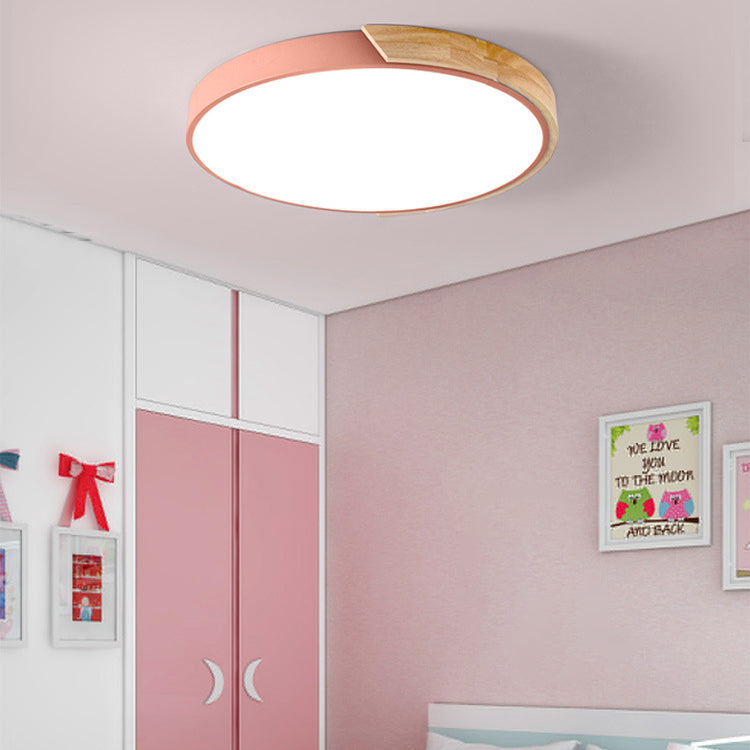 Modern Minimalist Round Macaron Iron Wood Acrylic LED Flush Mount Ceiling Light For Living Room Lumendat