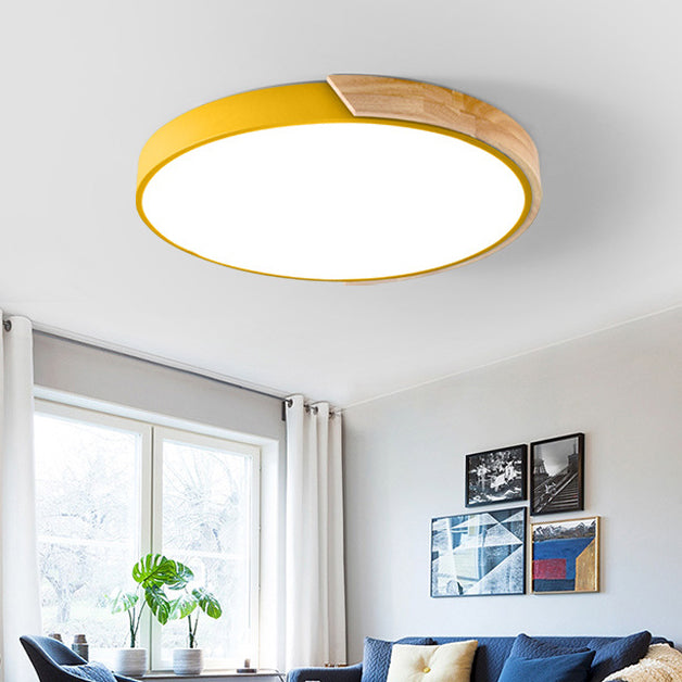 Modern Minimalist Round Macaron Iron Wood Acrylic LED Flush Mount Ceiling Light For Living Room Lumendat
