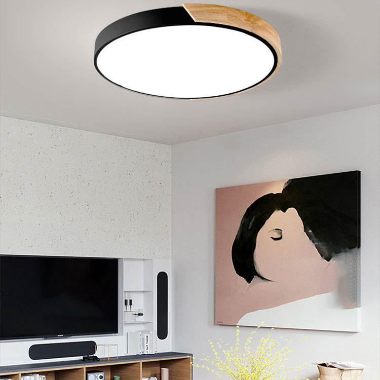 Modern Minimalist Round Macaron Iron Wood Acrylic LED Flush Mount Ceiling Light For Living Room Lumendat