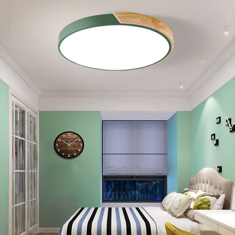 Modern Minimalist Round Macaron Iron Wood Acrylic LED Flush Mount Ceiling Light For Living Room Lumendat